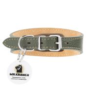 Ошейник-селедка Mr.Kranch для собак из натуральной кожи с QR-адресником, 29-35см, оливковый